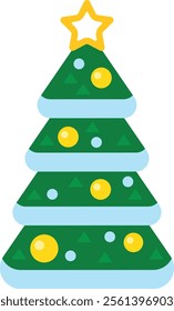 Stylized green christmas tree with yellow balls, small light blue circles and green triangles, topped with a gold star, representing christmas time and winter holidays