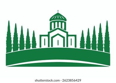 Stylized green church illustration surrounded by trees depicting religious or historical architecture
