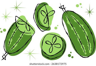 Stylized green cucumber and slices with abstract shapes on transparent background for food and healthy eating concept. Retro style typography and character design.