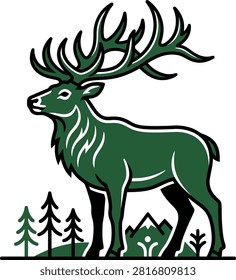 Stylized green deer standing majestically amidst pine trees and mountains in a natural setting