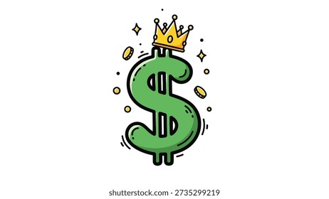 A stylized green dollar sign wearing a golden crown, surrounded by sparkling coins and stars, representing wealth and success.