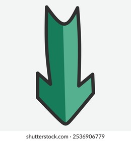 Una flecha estilizada verde hacia abajo con un contorno grueso, que indica dirección o movimiento.