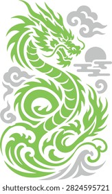 A stylized green dragon coiled around waves and clouds, with a sun or moon in the background, evoking a sense of power and mystique.