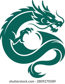 Stylized green dragon coiling around a circular shape, symbolizing strength and mystique