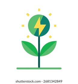 A stylized green flower with a lightning bolt center and radiating dots represents sustainable energy and ecological power solutions.