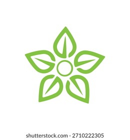Una estilizada flor verde o forma de estrella con cinco pétalos y un centro circular, sobre un fondo blanco.