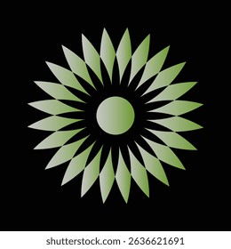 A stylized green flower or sunburst design on a black background.  It features a central circle surrounded by radiating, pointed petals.