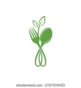 A stylized green fork and spoon with leaves growing from them, symbolizing healthy and natural food.