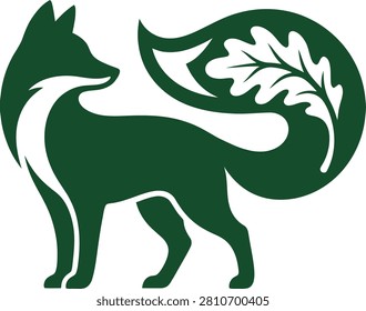 Stylized green fox silhouette with a leaf in its tail, representing nature and wildlife conservation