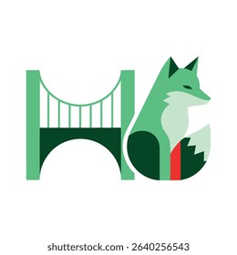 A stylized green fox sits beside a simplified green suspension bridge, forming a cohesive graphic design.