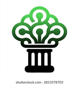 A stylized green gradient icon representing a digital brain tree growing from a classical pillar base, merging ancient wisdom with modern technology.