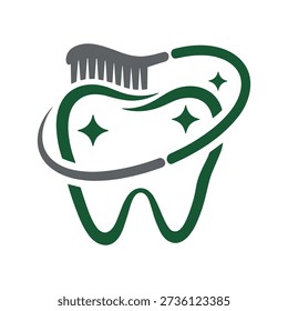 A stylized green and gray illustration of a tooth with a toothbrush and sparkles, symbolizing dental care and cleanliness on a pure white background