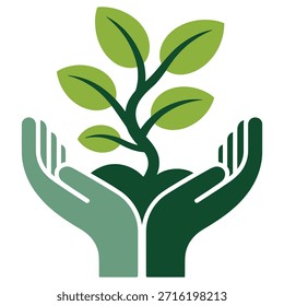 Stilisierte grüne Hände, die sanft eine lebendige junge Pflanze pflegen, die aus reichhaltigem Boden wächst und die Umweltpflege und das Wachstum auf weißem Hintergrund symbolisiert