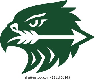 Stylized green hawk profile with arrow, symbolizing strength and direction in nature