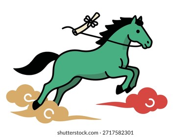 A stylized green horse with a scroll leaps across golden and red clouds, embodying speed and good fortune in a whimsical design.
