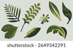 Stylized green jungle leaves in vector form with artistic texture and modern flat design. Concept of eco-tourism marketing materials, product packaging and labeling