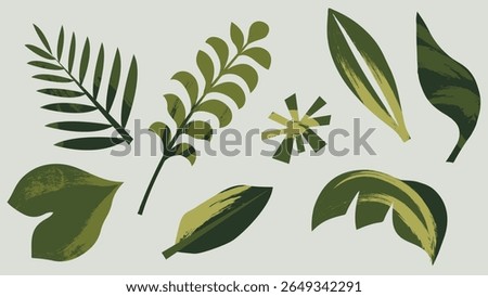 Stylized green jungle leaves in vector form with artistic texture and modern flat design. Concept of eco-tourism marketing materials, product packaging and labeling
