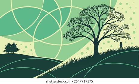 Stylized green landscape with a lone tree, rolling hills, and a person. Features a serene, minimalist design with abstract circular patterns in the sky.