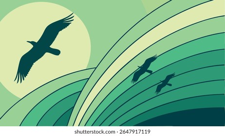Stylized green landscape vector illustration with silhouette birds soaring across wavy hills and a bright sun. Ideal for nature, freedom, and environmental themes.