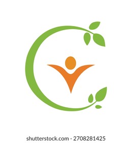 Un arco de hoja verde estilizado abraza una figura humana naranja con los brazos extendidos, simbolizando el crecimiento, la salud y el bienestar.