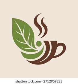 Logotipo estilizado de la taza de café verde y marrón con vapor