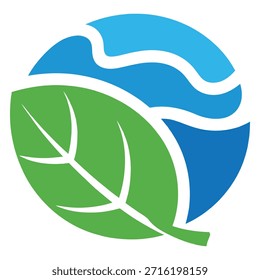 Hoja verde estilizada y ondas de agua azul que fluyen forman un símbolo gráfico circular moderno que representa la sostenibilidad ambiental
