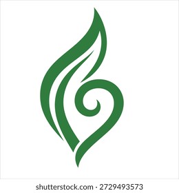 Una hoja verde estilizada forma un corazón con un remolino, simbolizando la naturaleza y el amor.