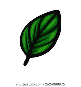 A stylized green leaf with a glossy finish and bold outlines, representing nature and freshness.