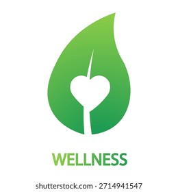 A stylized green leaf with a heart shape and 'Wellness' text, representing health and well-being.