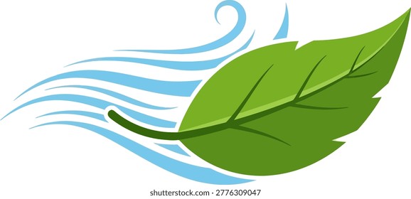 Stylized green leaf with veins, swept by blue wind currents. Represents nature, freshness, clean air, and environmental concepts.