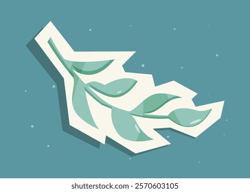 A stylized green leafy branch with a cut-out effect on a teal background, featuring soft textures and clean lines. Concept of nature and growth. Vector illustration