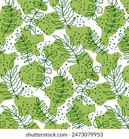 Stylized green leaves in a pattern.Vector seamless pattern with green stylized leaves and decoration on a transparent background.