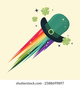 A stylized green leprechaun hat flies like a comet and a flying four-leaf green clover. A rainbow serves as fuel for the hat's flight upward. An illustration for the celebration of St. Patrick's Day