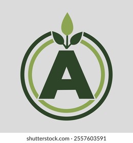 Stylized green letter A logo with leaf motif and concentric rings for modern eco-friendly branding