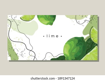 Stylized green lime on an abstract background. Slice of sour lime. Banner, poster, wrapping paper, sticker, print, modern textile design. Vector illustration. 