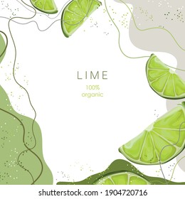 Stylized green lime on an abstract background. Slice of sour lime. Banner, poster, wrapping paper, sticker, print, modern textile design. Vector illustration. 