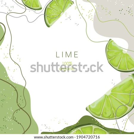 Stylized green lime on an abstract background. Slice of sour lime. Banner, poster, wrapping paper, sticker, print, modern textile design. Vector illustration. 
