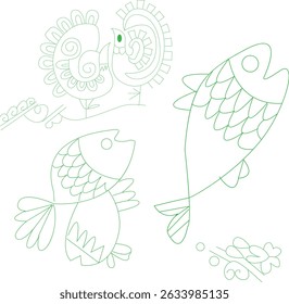 Stylized green line art illustration featuring bird fish and floral design elements on white backdrop