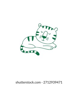 Eine stilisierte grüne Linienzeichnung eines schlafenden Tigers mit geschlossenen Augen und Streifen.