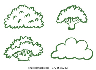 Estilizados árboles de contorno verde y una naturaleza de fondo blanco en forma de nube
