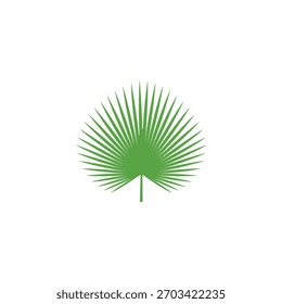A stylized green palm leaf is centered on a white background. The leaf's intricate structure is clearly defined.