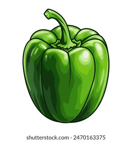 Stilisierte grüne Paprika mit Umriss. Eine Vorlage für die Gestaltung von Aufklebern, Kleidung und Souvenirs. Isoliert auf weißem Hintergrund. Vektorillustration.