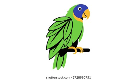 Stylized green parrot with a blue face and yellow beak on a branch