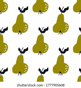 Peras verdes estilizadas aisladas en un fondo blanco. Patrón veloz. Patrón de fruta. Diseño plano para textiles, papel de envoltura, papel pintado.