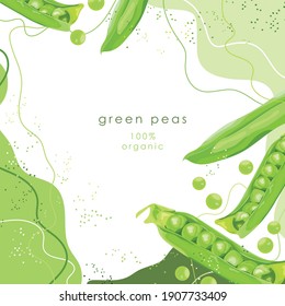 Stylized green peas on an abstract background. Pea pods. Banner, poster, sticker, print, modern textile design. Vector illustration. 