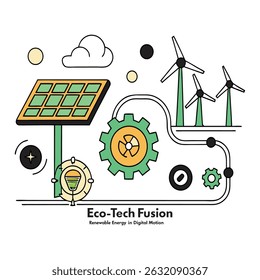 Stylized green plant illustrations symbolize renewable energy and digital sustainability. This vector fusion of nature and technology highlights eco-friendly innovation, perfect for environmental them