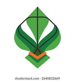 Stylized green plant or leaf design with black outlines and an orange accent at the base.