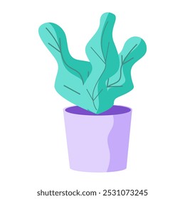 Una planta verde estilizada con subgrupos frondosos se sienta en una maceta púrpura pastel sobre un fondo blanco limpio. Ideal para la inspiración de la decoración del hogar, conceptos de jardinería, diseño minimalista, temas ecológicos y