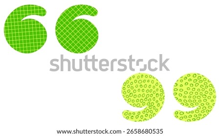 Stylized green quotation marks with grid and circle textures on white. Vector illustration for creative design use.