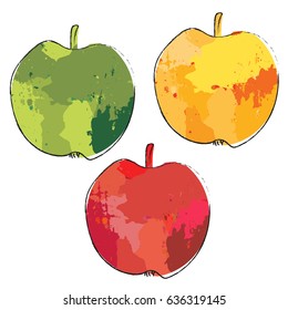 Stylized green, red, and yellow apple vector illustration with grunge painted background texture and black outline. Organic fruit collection. Logo suitable. Healthy nutrition, vegan or vegetarian food